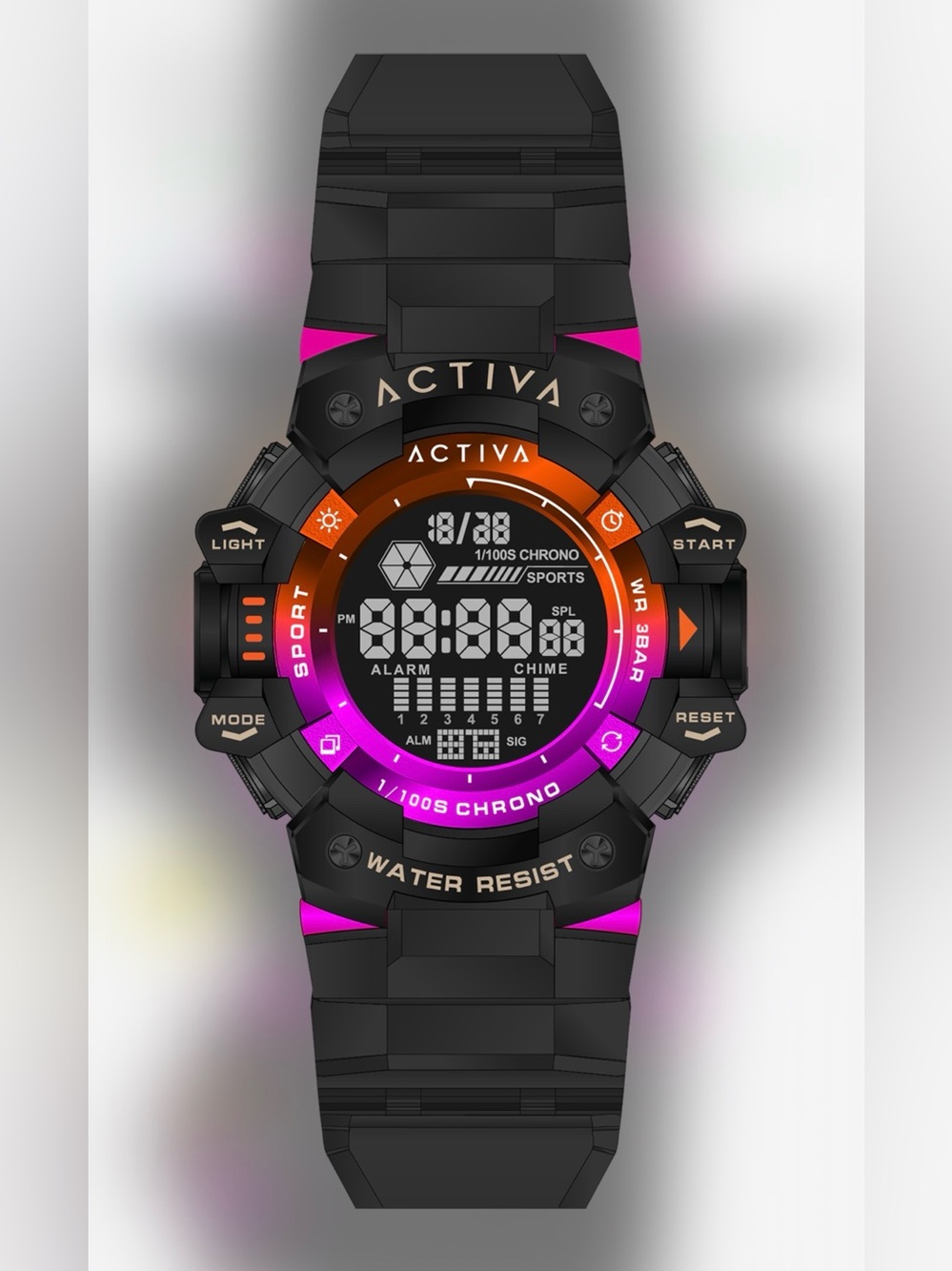 Activa Unisex Black Digital Sports Watch with Orange and Pink Accents